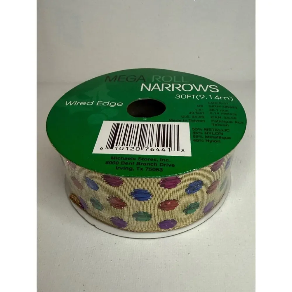 Ribbon Bow-tique Wired-Edge Gold Ribbon with Multicolor Metallic Dots
